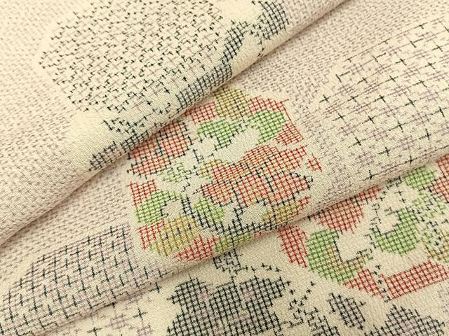 平和屋着物▽本塩沢 単衣 亀甲花文 正絹 逸品 AABA7692fy