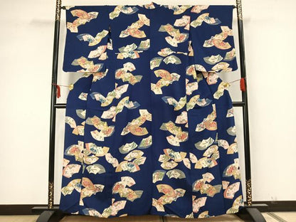 平和屋着物▽上質な小紋　単衣　手描き　地紙花文　金彩　鬼しぼ縮緬　正絹　逸品　AABA7695fy