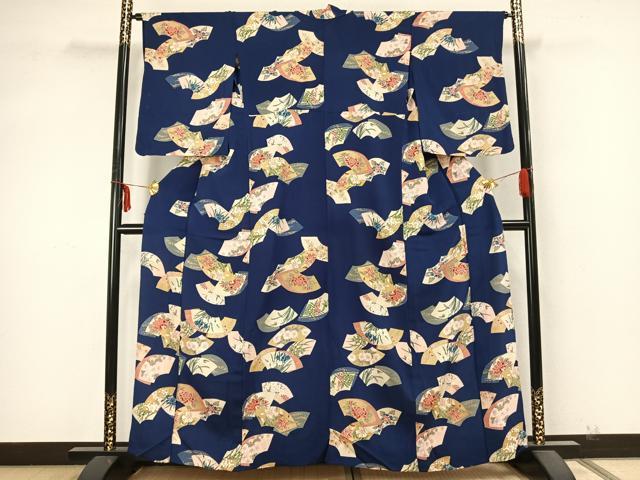 平和屋着物▽上質な小紋　単衣　手描き　地紙花文　金彩　鬼しぼ縮緬　正絹　逸品　AABA7695fy