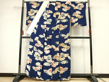 平和屋着物▽上質な小紋　単衣　手描き　地紙花文　金彩　鬼しぼ縮緬　正絹　逸品　AABA7695fy