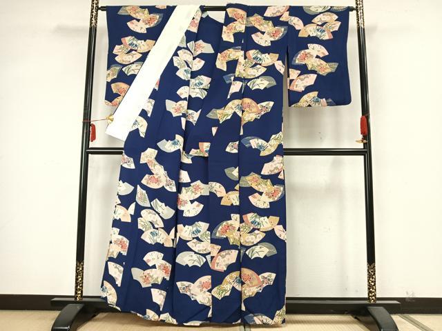 平和屋着物▽上質な小紋　単衣　手描き　地紙花文　金彩　鬼しぼ縮緬　正絹　逸品　AABA7695fy