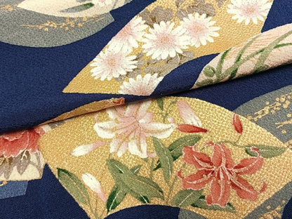 平和屋着物▽上質な小紋　単衣　手描き　地紙花文　金彩　鬼しぼ縮緬　正絹　逸品　AABA7695fy