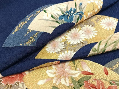 平和屋着物▽上質な小紋　単衣　手描き　地紙花文　金彩　鬼しぼ縮緬　正絹　逸品　AABA7695fy