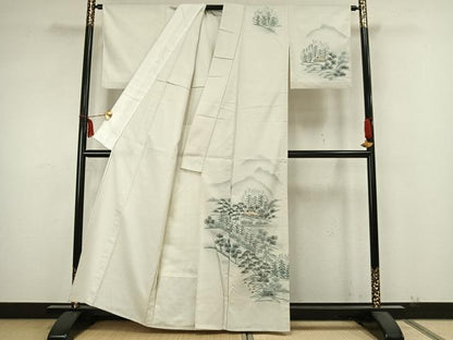 平和屋着物▽訪問着 単衣 紬地 手描き 風景文 正絹 逸品 AABA7696fy