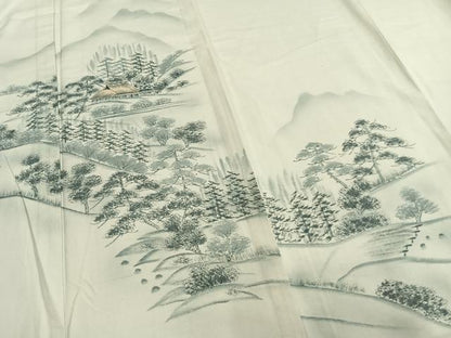 平和屋着物▽訪問着 単衣 紬地 手描き 風景文 正絹 逸品 AABA7696fy