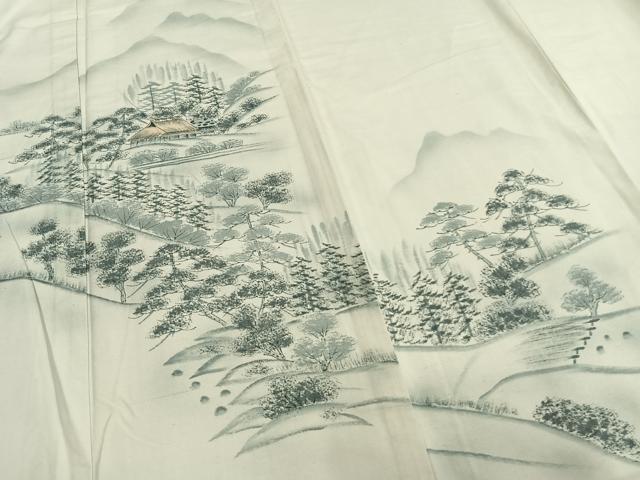 平和屋着物▽訪問着 単衣 紬地 手描き 風景文 正絹 逸品 AABA7696fy