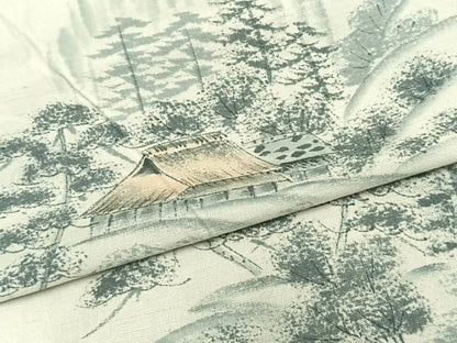 平和屋着物▽訪問着 単衣 紬地 手描き 風景文 正絹 逸品 AABA7696fy