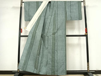 平和屋着物▽上質な紬 単衣 縞 正絹 逸品 AABA7698fy