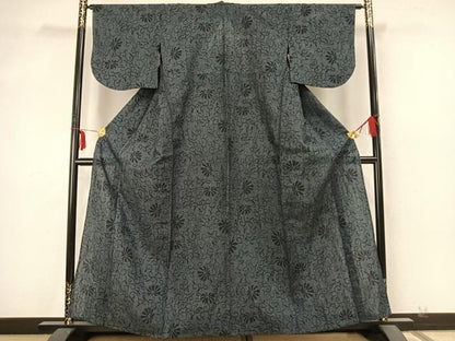 平和屋着物▽結城紬 単衣 100亀甲 花唐草文 三越扱い 正絹 逸品 AABA7699fy
