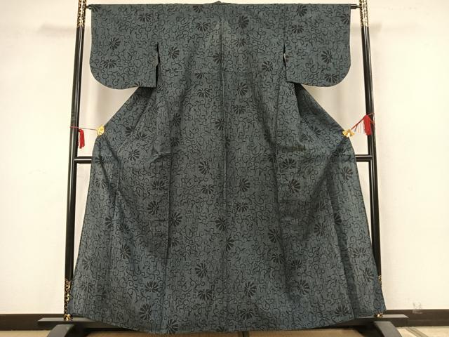 平和屋着物▽結城紬 単衣 100亀甲 花唐草文 三越扱い 正絹 逸品 AABA7699fy