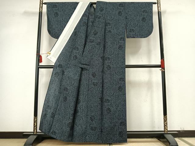 平和屋着物▽結城紬 単衣 100亀甲 花唐草文 三越扱い 正絹 逸品 AABA7699fy