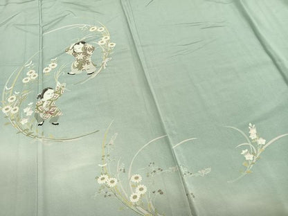 平和屋着物▽訪問着 単衣 友禅 作家物 人物草花文 正絹 逸品 AABA7704fy