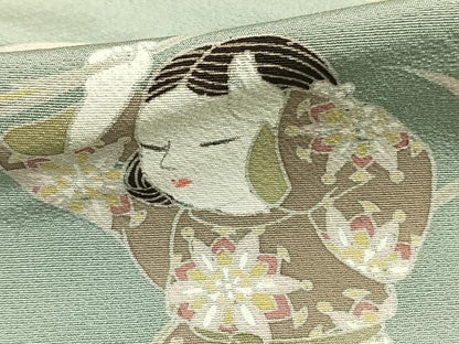 平和屋着物▽訪問着 単衣 友禅 作家物 人物草花文 正絹 逸品 AABA7704fy