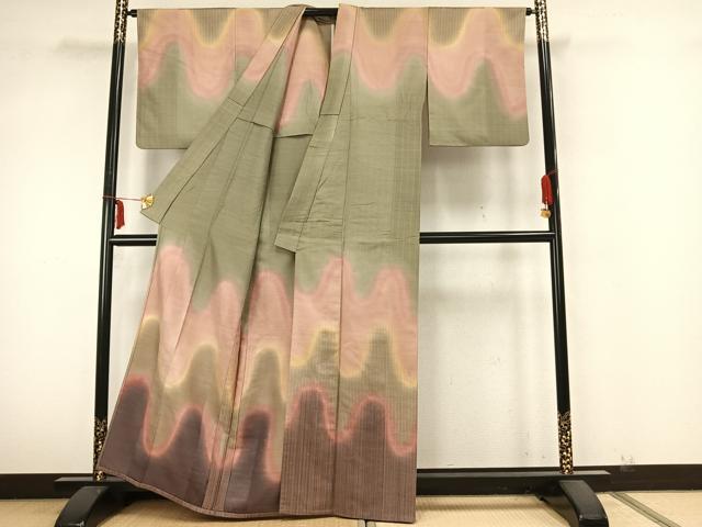 平和屋着物▽訪問着 単衣 紬地 抽象文様 暈し染め 正絹 逸品 AABA7709fy