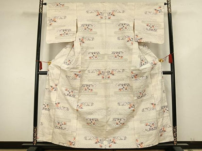 平和屋着物▽上質な紬 単衣 霞取り花文 正絹 逸品 AABA7710fy