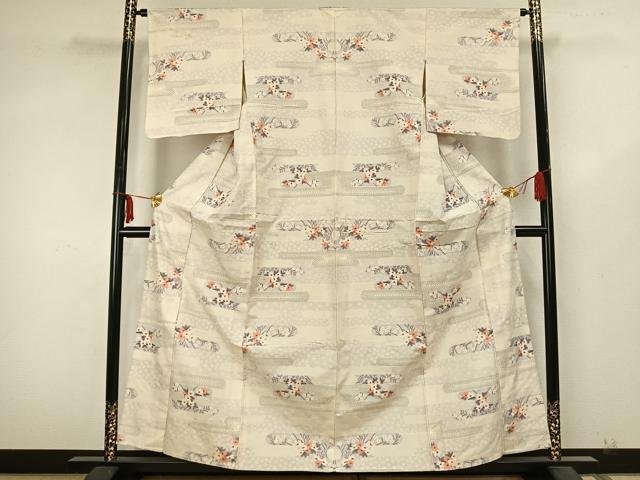 平和屋着物▽上質な紬 単衣 霞取り花文 正絹 逸品 AABA7710fy