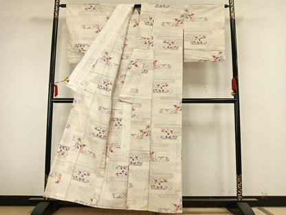 平和屋着物▽上質な紬 単衣 霞取り花文 正絹 逸品 AABA7710fy
