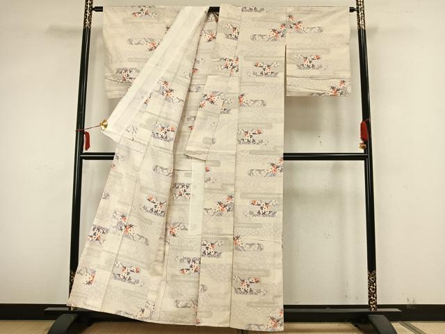 平和屋着物▽上質な紬 単衣 霞取り花文 正絹 逸品 AABA7710fy