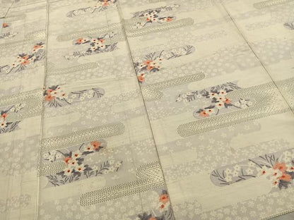 平和屋着物▽上質な紬 単衣 霞取り花文 正絹 逸品 AABA7710fy