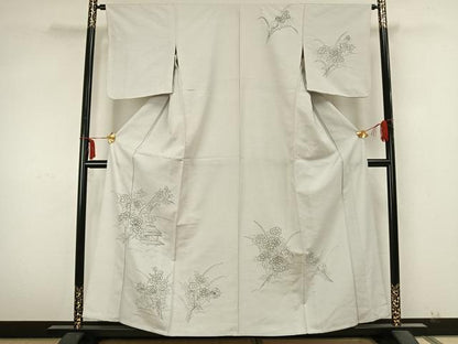 平和屋着物▽訪問着　単衣　紬地　手描き　風景草花文　正絹　逸品　AABA7711fy