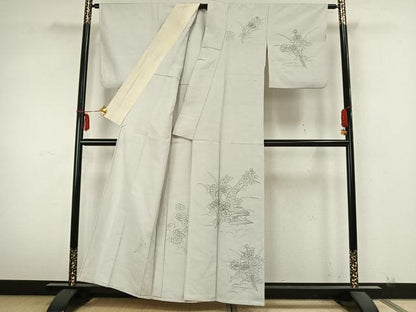 平和屋着物▽訪問着　単衣　紬地　手描き　風景草花文　正絹　逸品　AABA7711fy