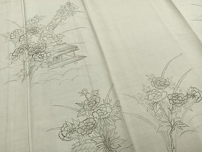 平和屋着物▽訪問着　単衣　紬地　手描き　風景草花文　正絹　逸品　AABA7711fy