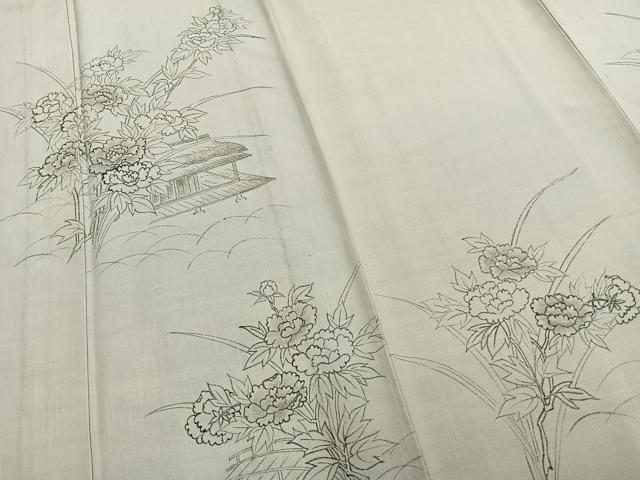 平和屋着物▽訪問着　単衣　紬地　手描き　風景草花文　正絹　逸品　AABA7711fy