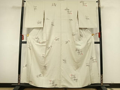 平和屋着物▽上質な紬　単衣　草花文　正絹　逸品　AABA7712fy