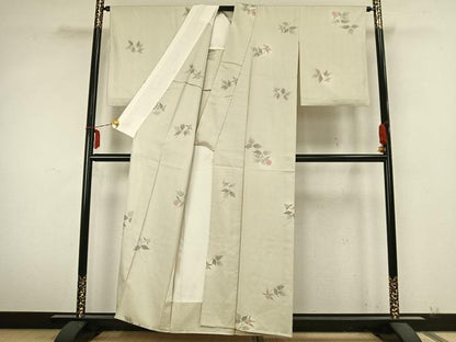 平和屋着物▽上質な紬　単衣　草花文　正絹　逸品　AABA7712fy