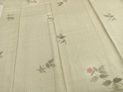 平和屋着物▽上質な紬　単衣　草花文　正絹　逸品　AABA7712fy