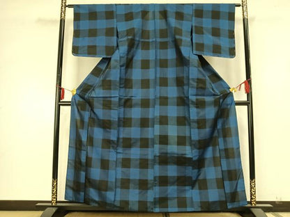 平和屋着物▽本場大島紬 単衣 市松文様 正絹 逸品 AABA7715fy
