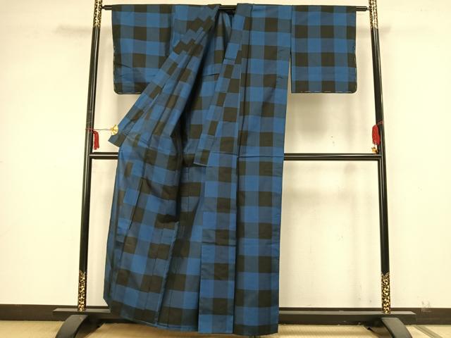 平和屋着物▽本場大島紬 単衣 市松文様 正絹 逸品 AABA7715fy
