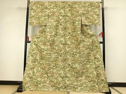 平和屋着物▽上質な紬 単衣 風景草花文 ロング丈 正絹 逸品 AABA7716fy