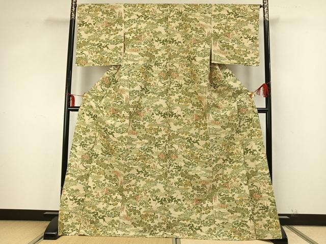 平和屋着物▽上質な紬 単衣 風景草花文 ロング丈 正絹 逸品 AABA7716fy