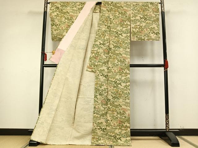 平和屋着物▽上質な紬 単衣 風景草花文 ロング丈 正絹 逸品 AABA7716fy
