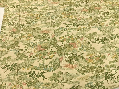 平和屋着物▽上質な紬 単衣 風景草花文 ロング丈 正絹 逸品 AABA7716fy
