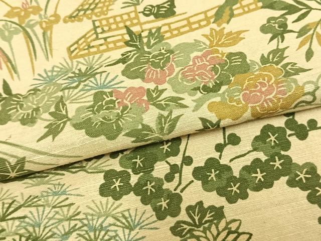 平和屋着物▽上質な紬 単衣 風景草花文 ロング丈 正絹 逸品 AABA7716fy