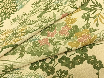 平和屋着物▽上質な紬 単衣 風景草花文 ロング丈 正絹 逸品 AABA7716fy