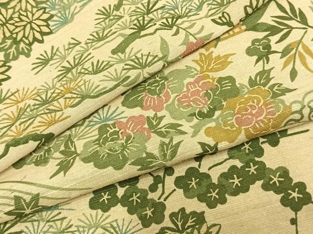 平和屋着物▽上質な紬 単衣 風景草花文 ロング丈 正絹 逸品 AABA7716fy