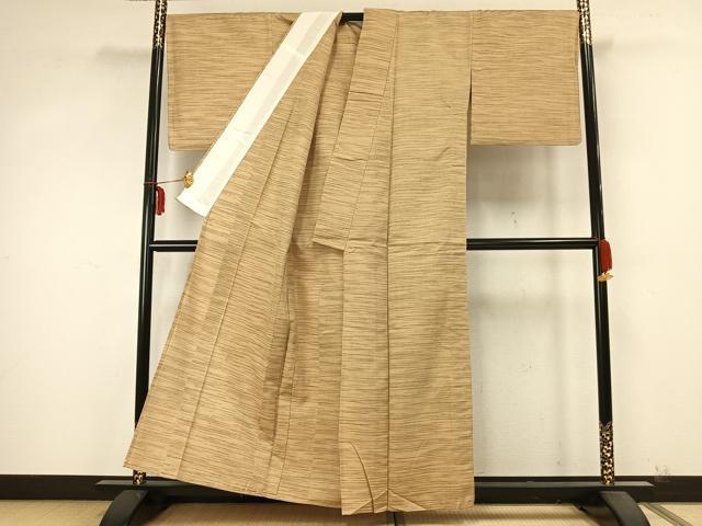 平和屋着物▽上質な紬 単衣 横縞 正絹 逸品 AABA7717fy