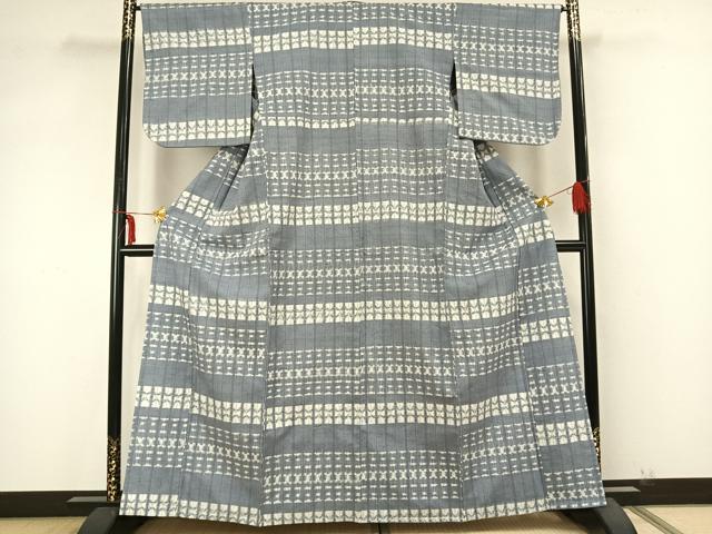 平和屋着物▽上質な紬 単衣 横段文 正絹 逸品 AABA7718fy