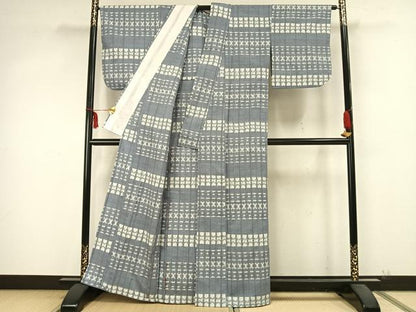 平和屋着物▽上質な紬 単衣 横段文 正絹 逸品 AABA7718fy