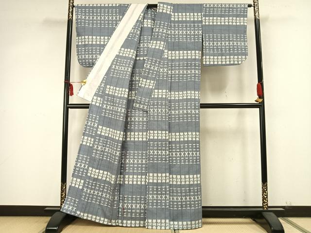 平和屋着物▽上質な紬 単衣 横段文 正絹 逸品 AABA7718fy