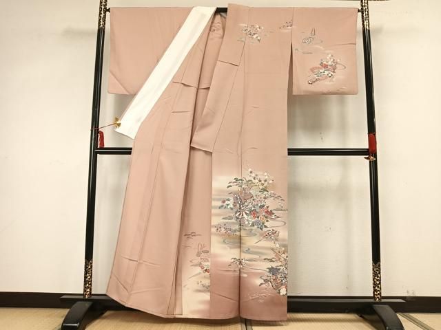 平和屋着物▽訪問着 単衣 陶器草花文 暈し染め 金彩 正絹 逸品 AABA7719fy