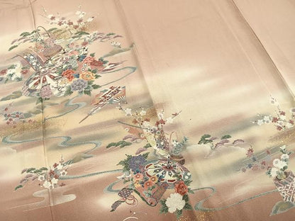 平和屋着物▽訪問着 単衣 陶器草花文 暈し染め 金彩 正絹 逸品 AABA7719fy