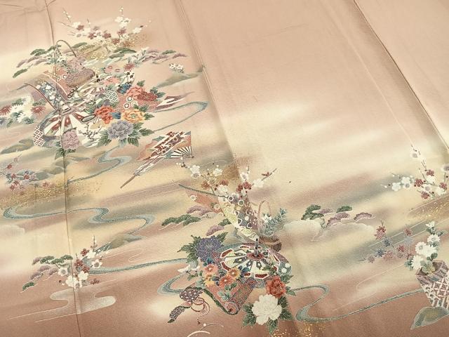 平和屋着物▽訪問着 単衣 陶器草花文 暈し染め 金彩 正絹 逸品 AABA7719fy