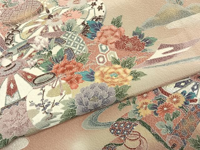 平和屋着物▽訪問着 単衣 陶器草花文 暈し染め 金彩 正絹 逸品 AABA7719fy