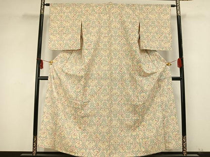 平和屋着物▽上質な紬 単衣 草花文 正絹 逸品 未使用 AABA7720fy