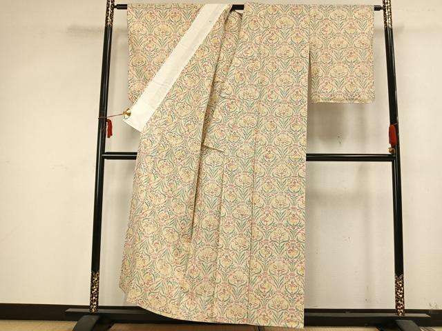 平和屋着物▽上質な紬 単衣 草花文 正絹 逸品 未使用 AABA7720fy