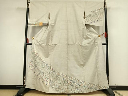 平和屋着物▽本場大島紬 訪問着 単衣 白大島 100亀甲 花鳥文 反端付き 正絹 逸品 AABA7721fy